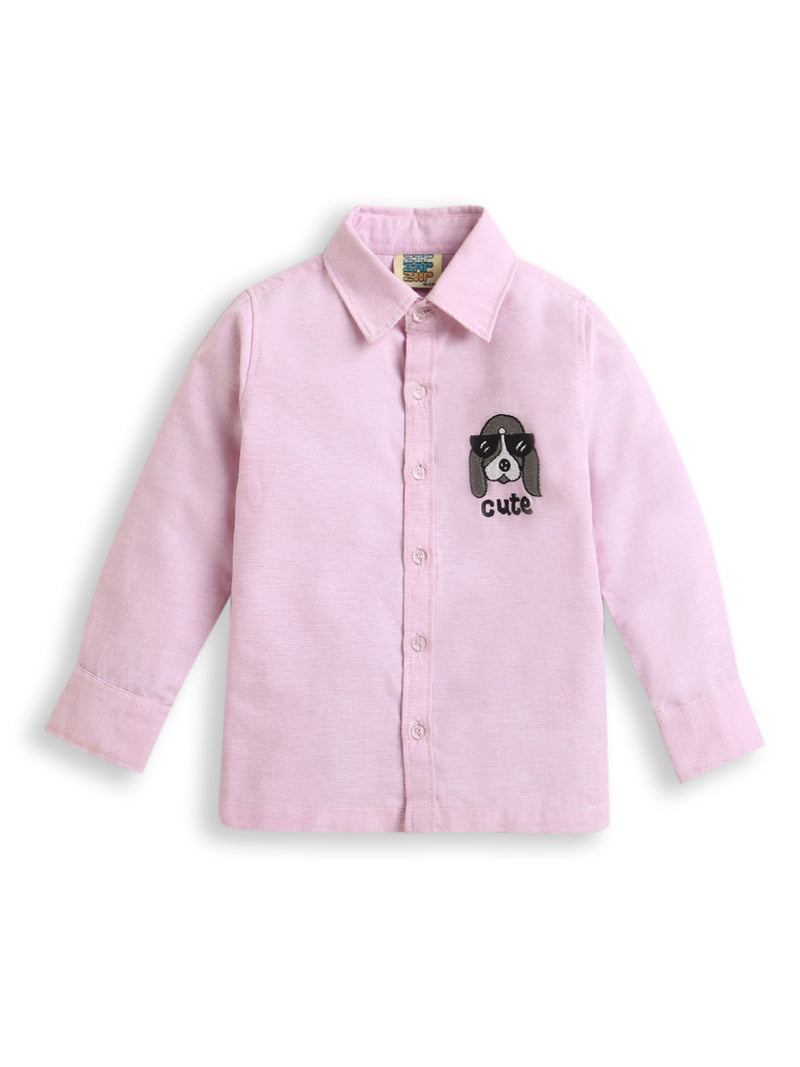 Pink Dog Embroidery Collar neck Full Sleeve Cotton Shirt