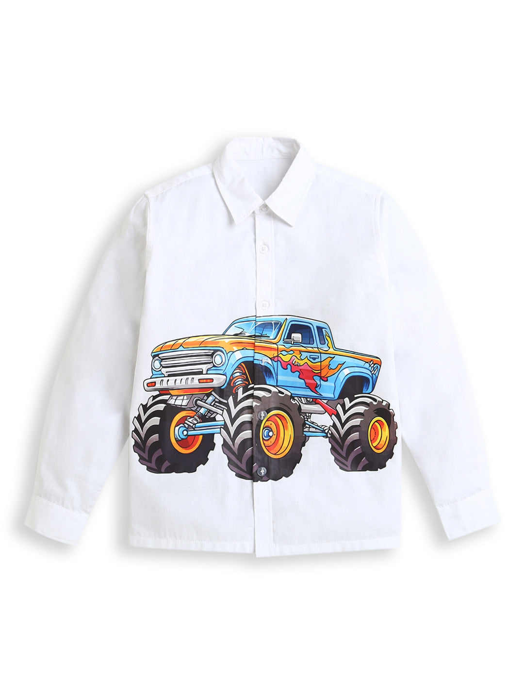 White Full Sleeve Cotton Shirt with Monster Truck Print