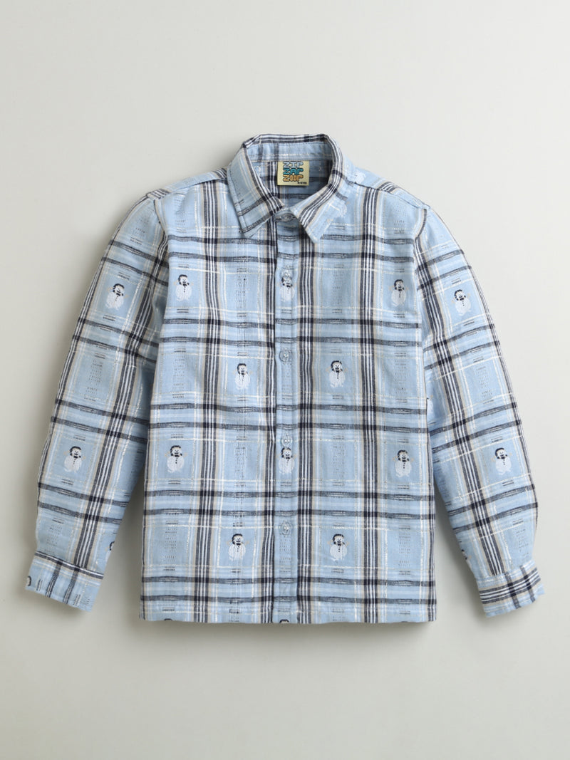 Sky Blue & Grey Snowman Checkered Cotton Full Sleeve Collar Neck Shirt