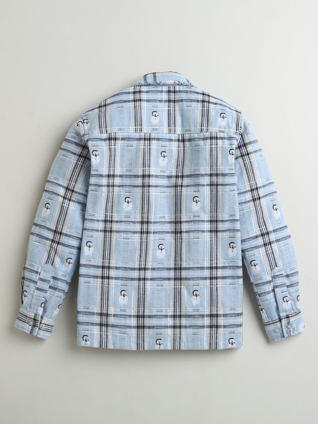 Sky Blue & Grey Snowman Checkered Cotton Full Sleeve Collar Neck Shirt