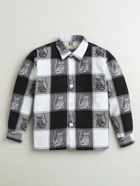 Black & White Big Checks Cat Print Collar Neck Full Sleeve Cotton Shirt