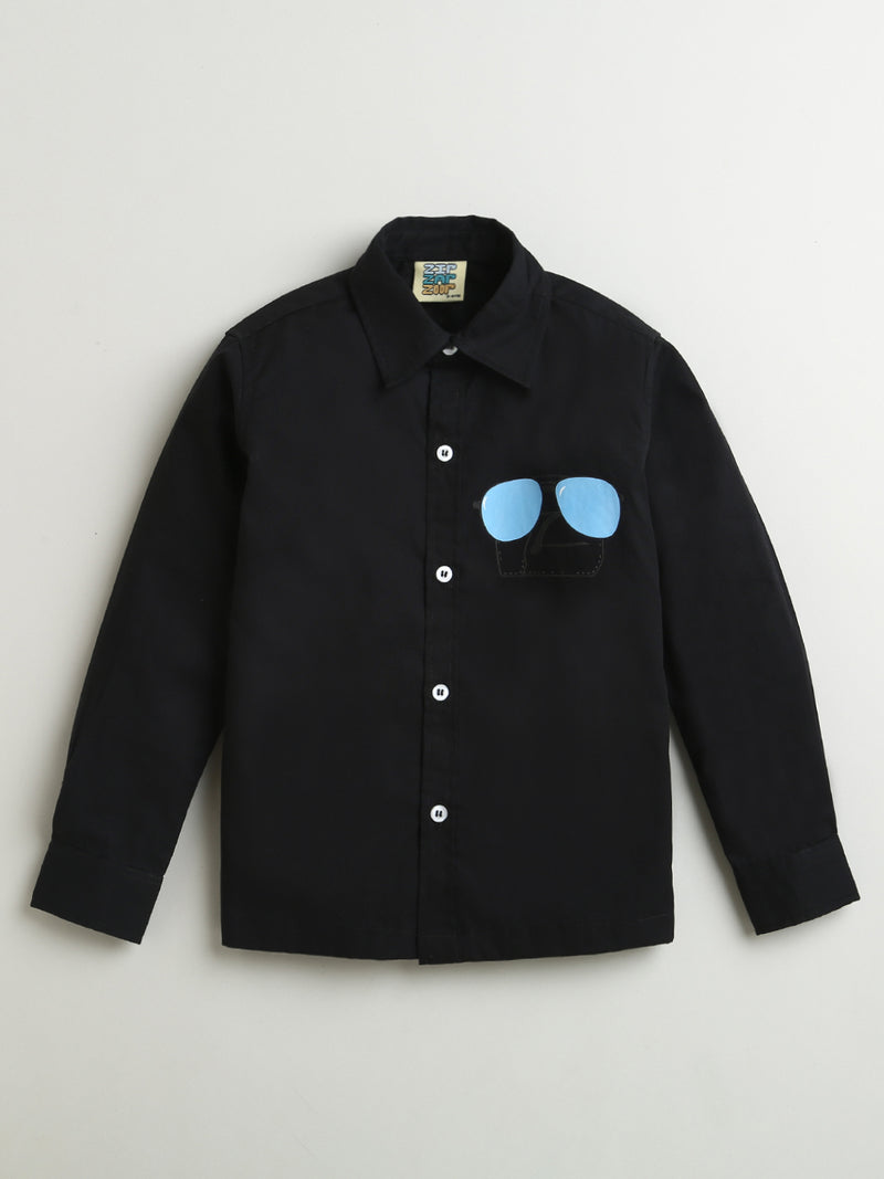 Black Shirt With Blue Sunglasses Print Full Sleeve Cotton Shirt