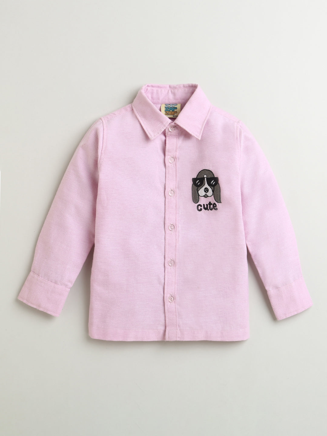 Pink Dog Embroidery Collar neck Full Sleeve Cotton Shirt