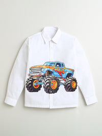 White Full Sleeve Cotton Shirt with Monster Truck Print