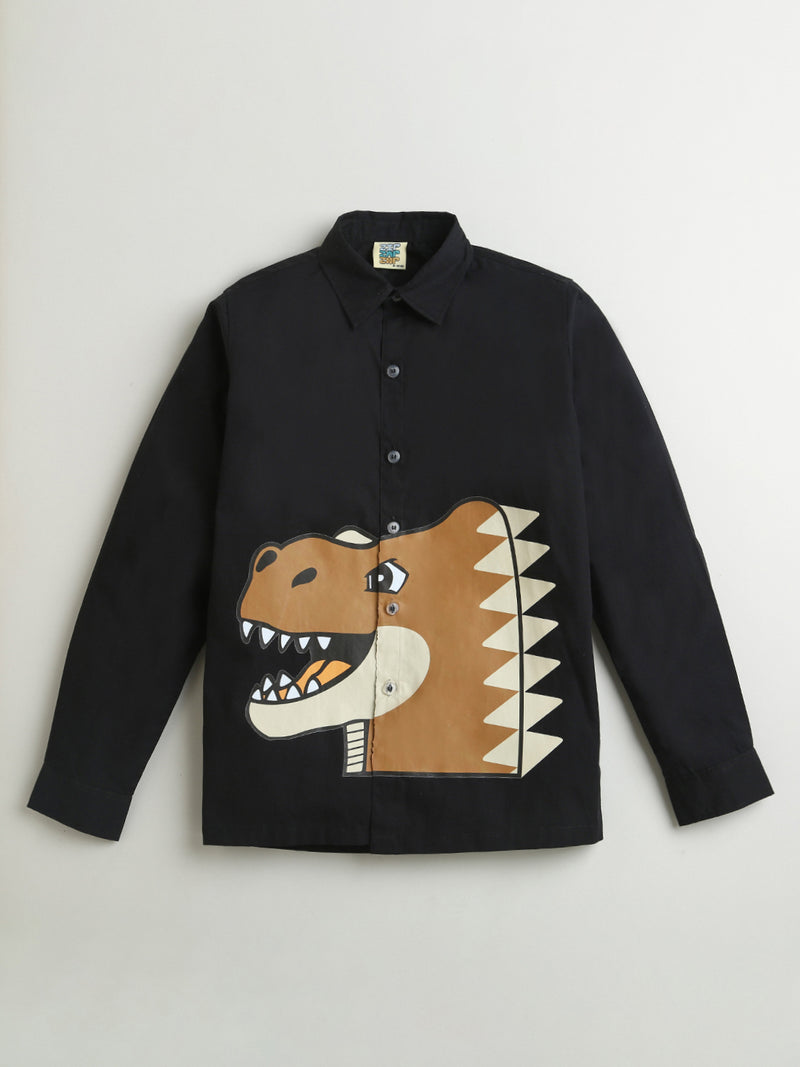 Black Dinosaur Full Sleeve Collar Neck Cotton Shirt