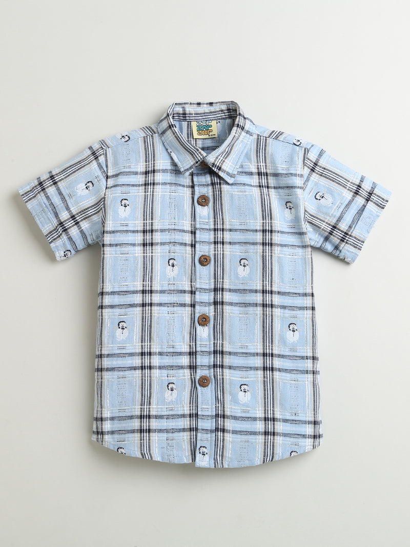 Sky Blue & Grey Check Snowman Checkered Pattern Cotton Half Sleeve Shirt