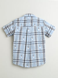 Sky Blue & Grey Check Snowman Checkered Pattern Cotton Half Sleeve Shirt