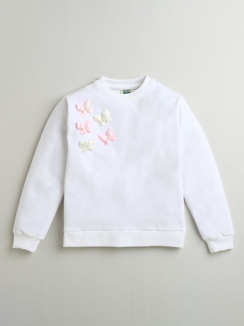 White Full Sleeve Cotton Sweatshirt with Beautiful Butterflies