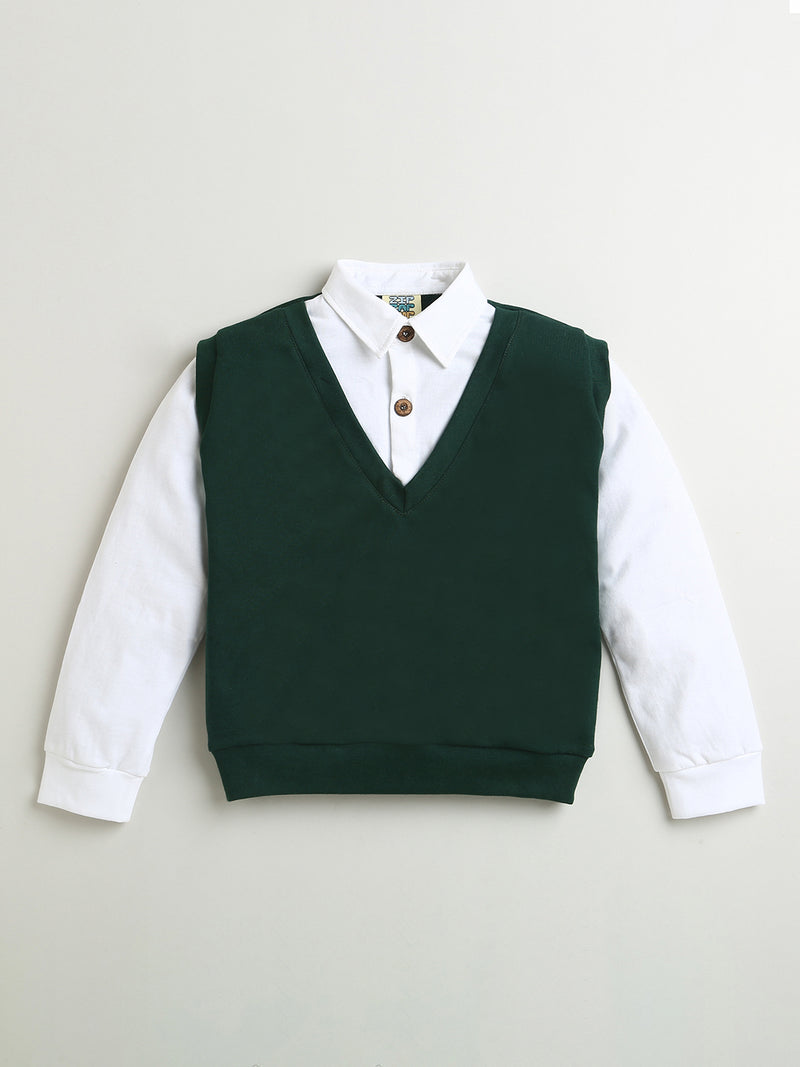 Green & White Collar Neck Full Sleeve Cotton Sweatshirt