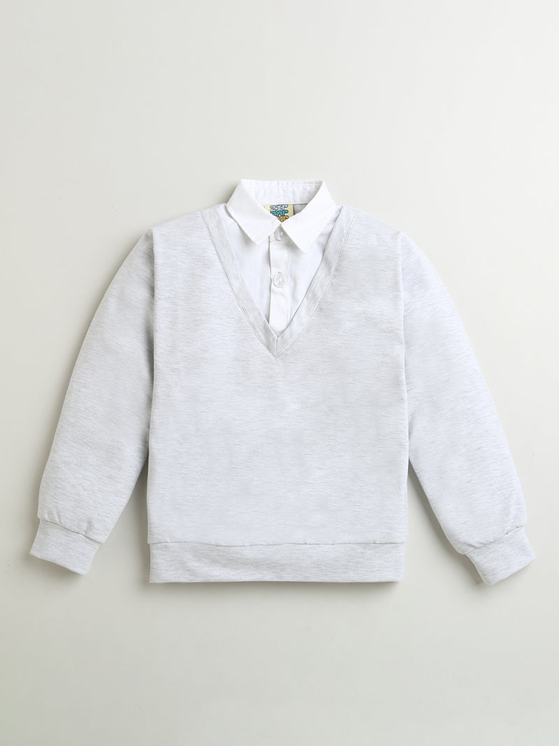 Grey & White Collar Neck Full Sleeve Cotton Sweatshirt