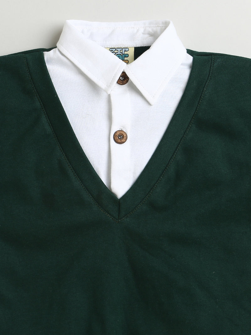 Green & White Collar Neck Full Sleeve Cotton Sweatshirt