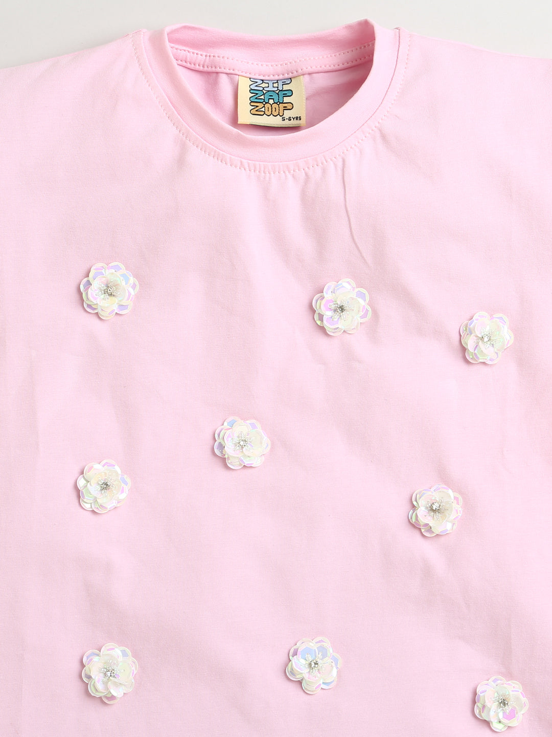 Pink Sequined Flower Half Sleeve T-shirt