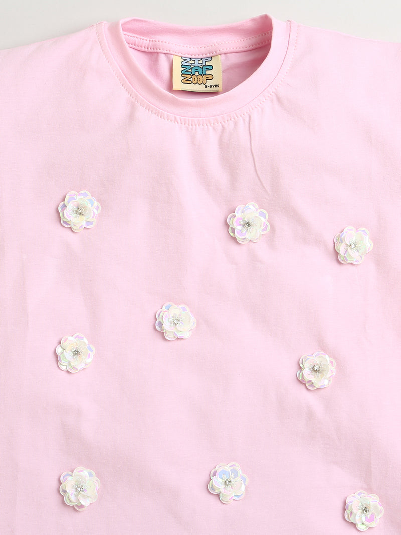 Pink Sequined Flower Half Sleeve T-shirt