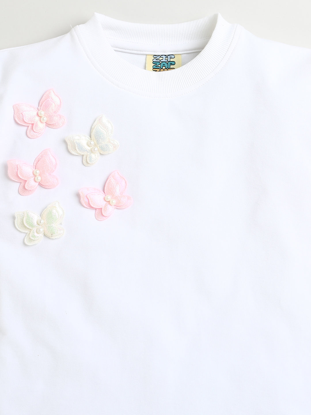 White Full Sleeve Cotton Sweatshirt with Beautiful Butterflies