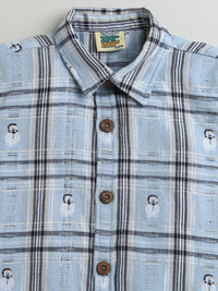 Sky Blue & Grey Snowman Checkered Cotton Full Sleeve Collar Neck Shirt