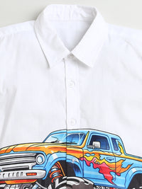 White Full Sleeve Cotton Shirt with Monster Truck Print