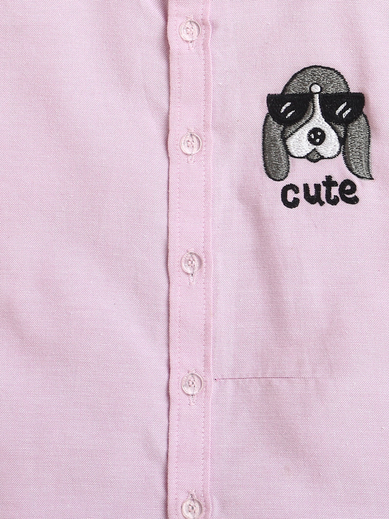 Pink Dog Embroidery Collar neck Full Sleeve Cotton Shirt