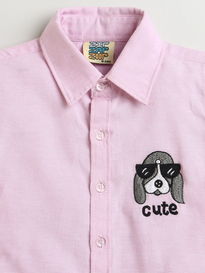 Pink Dog Embroidery Collar neck Full Sleeve Cotton Shirt