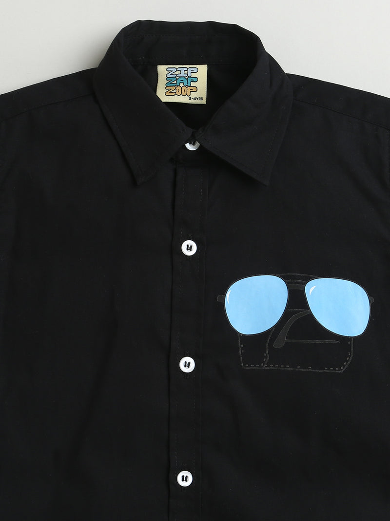 Black Shirt With Blue Sunglasses Print Full Sleeve Cotton Shirt