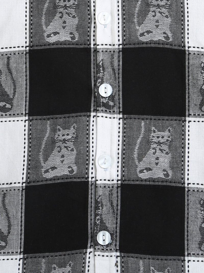 Black & White Big Checks Cat Print Collar Neck Full Sleeve Cotton Shirt