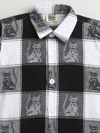 Black & White Big Checks Cat Print Collar Neck Full Sleeve Cotton Shirt