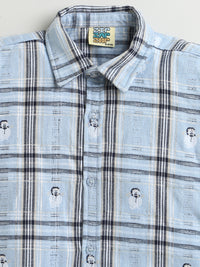 Sky Blue & Grey Check Snowman Checkered Pattern Cotton Half Sleeve Shirt