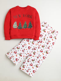 Red New York Print Sweatshirt with Santa Christmas Print Pant