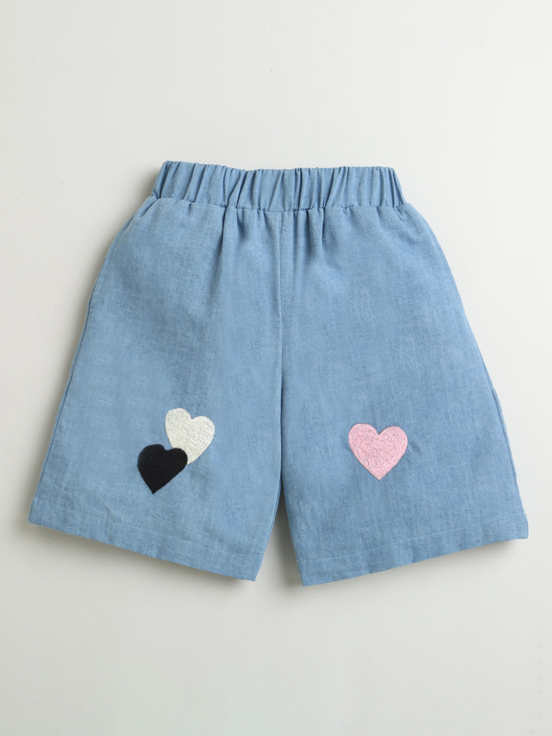 Blue Denim Heart Embroidered Shorts