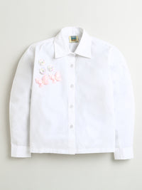 White Cotton Full Sleeve Shirt with Butterfly & Sequined Flower