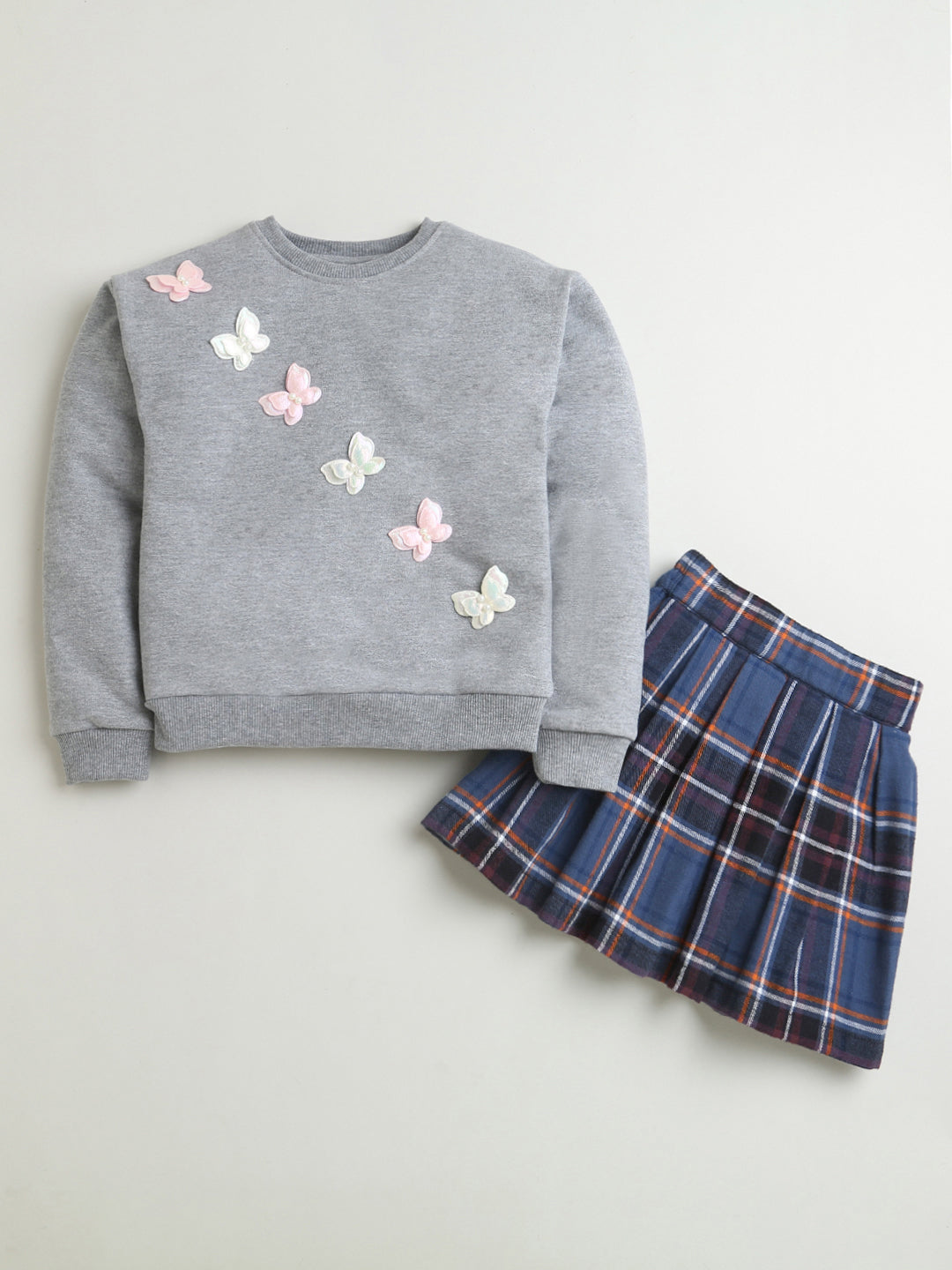 Grey Butterfly Patch Sweatshirt & Blue Checks Skirt