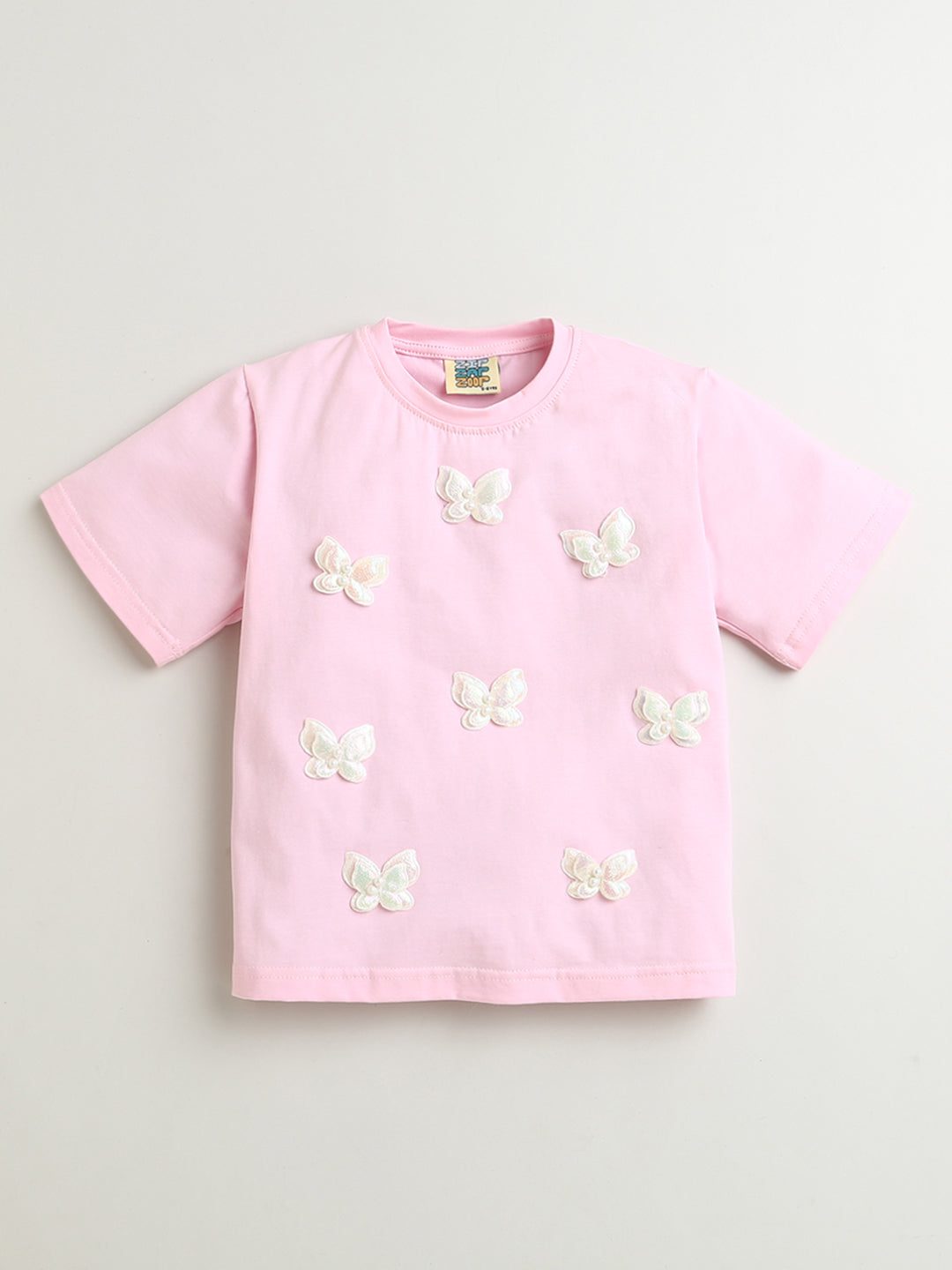 Pink Butterfly Patch Cotton T-shirt with White Flared Cotton Skirt