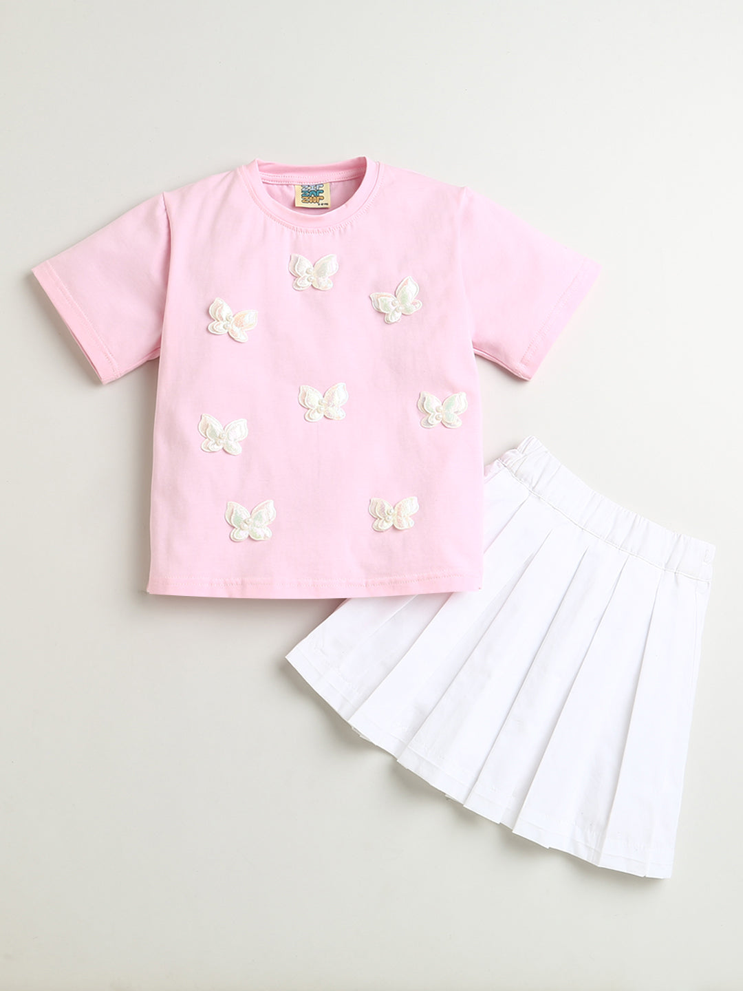 Pink Butterfly Patch Cotton T-shirt with White Flared Cotton Skirt