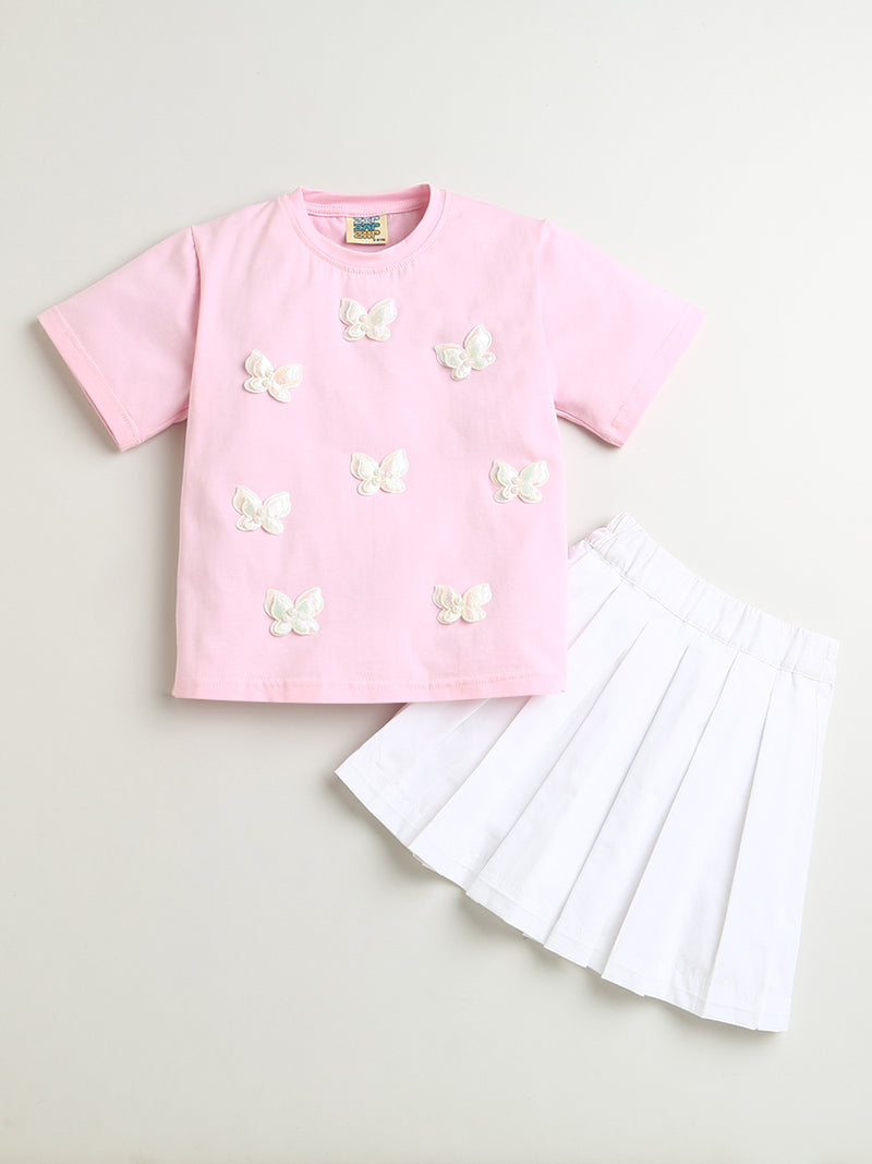 Pink Butterfly Patch Cotton T-shirt with White Flared Cotton Skirt