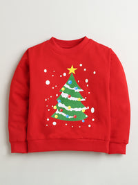 Red Magical Tree Print Cotton Sweatshirt with Red-Green Check Cotton Skirt