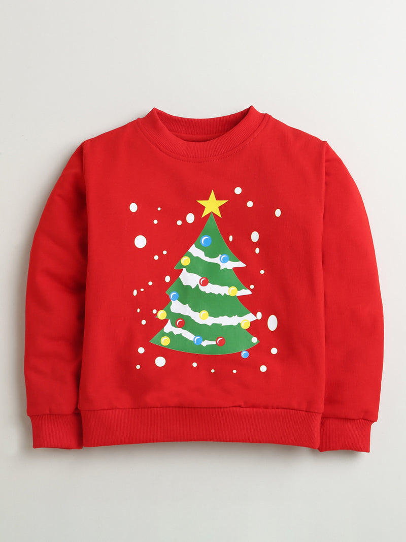 Red Magical Tree Print Cotton Sweatshirt with Red-Green Check Cotton Skirt