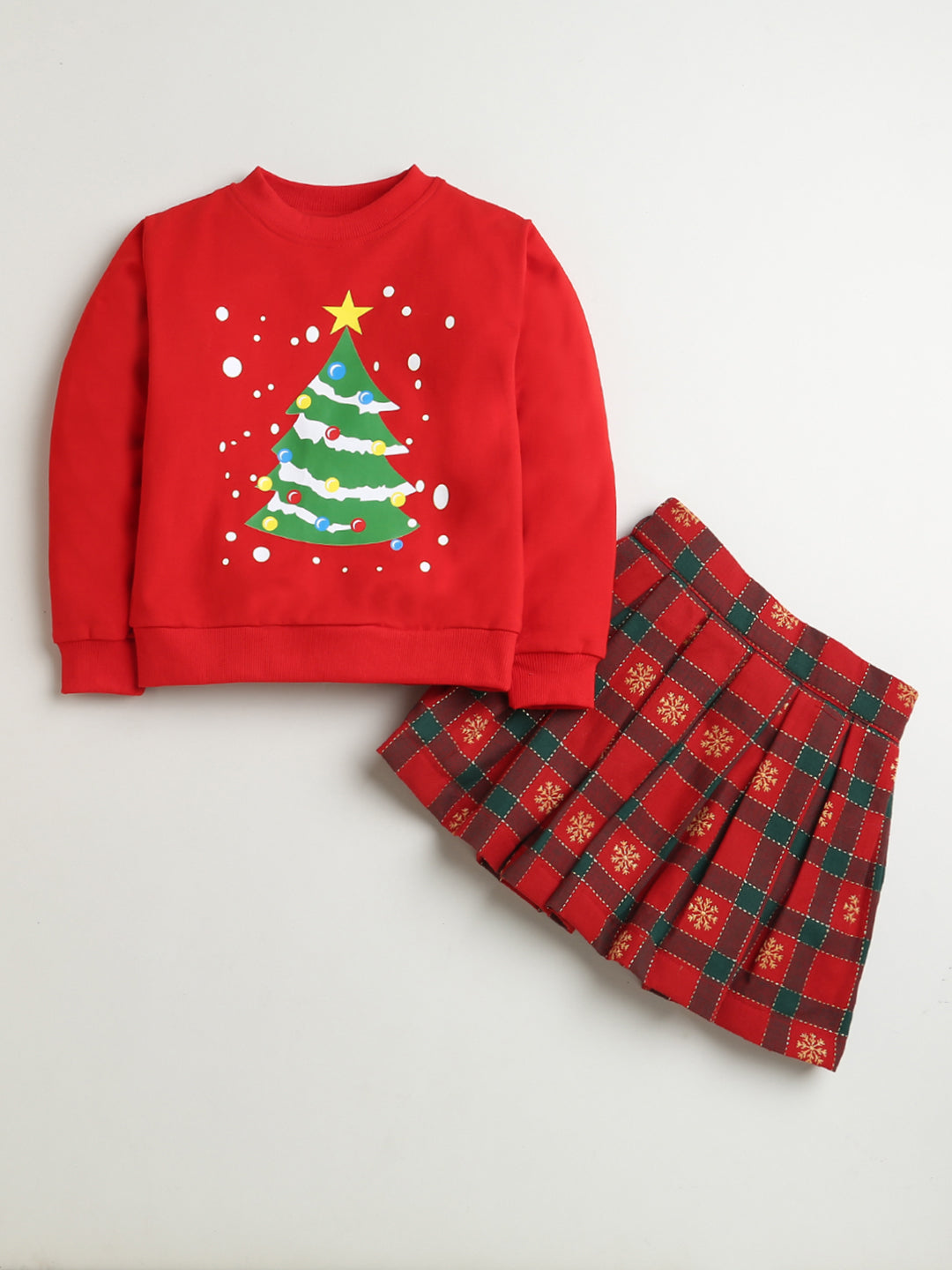 Red Magical Tree Print Cotton Sweatshirt with Red-Green Check Cotton Skirt