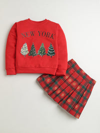 Red New York Print Cotton Sweatshirt with Red-Green Check Cotton Skirt