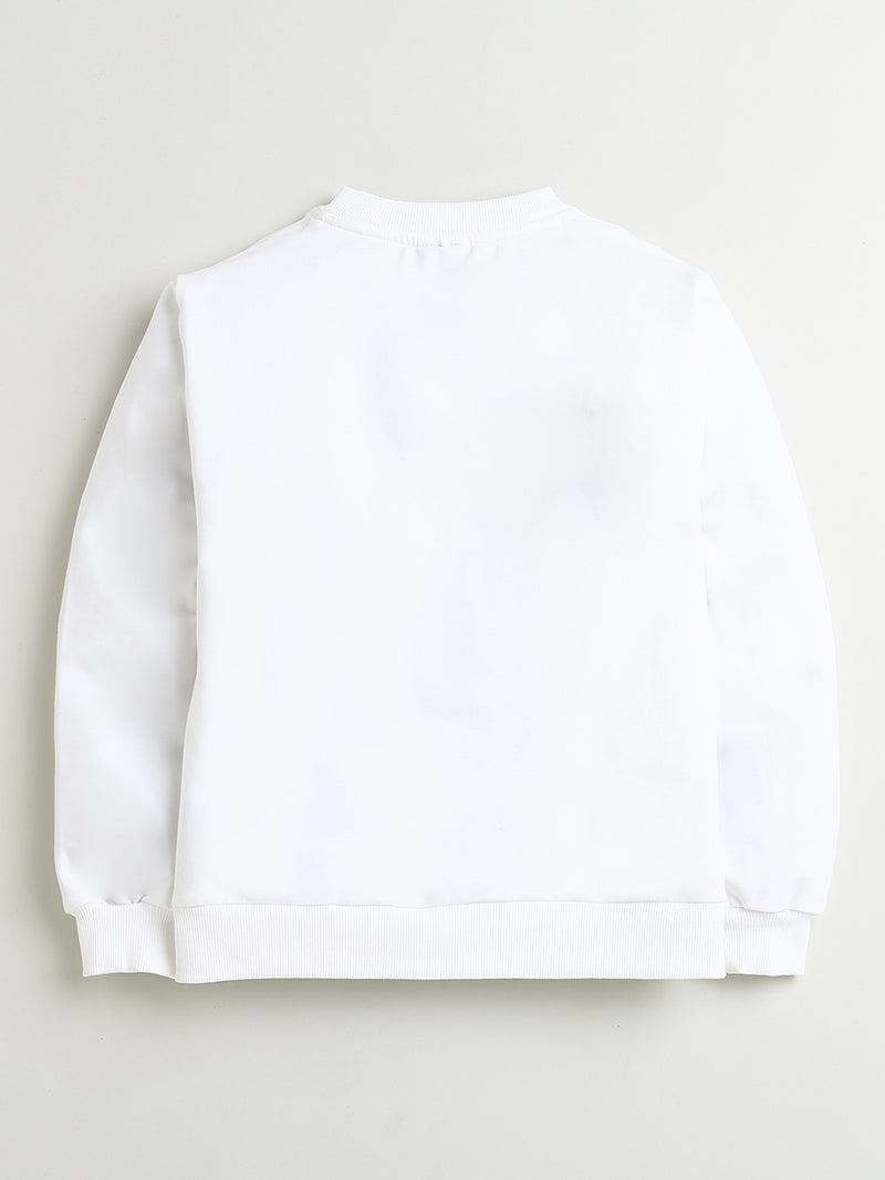 White Sequins Flowers Round Neck Cotton Sweatshirt