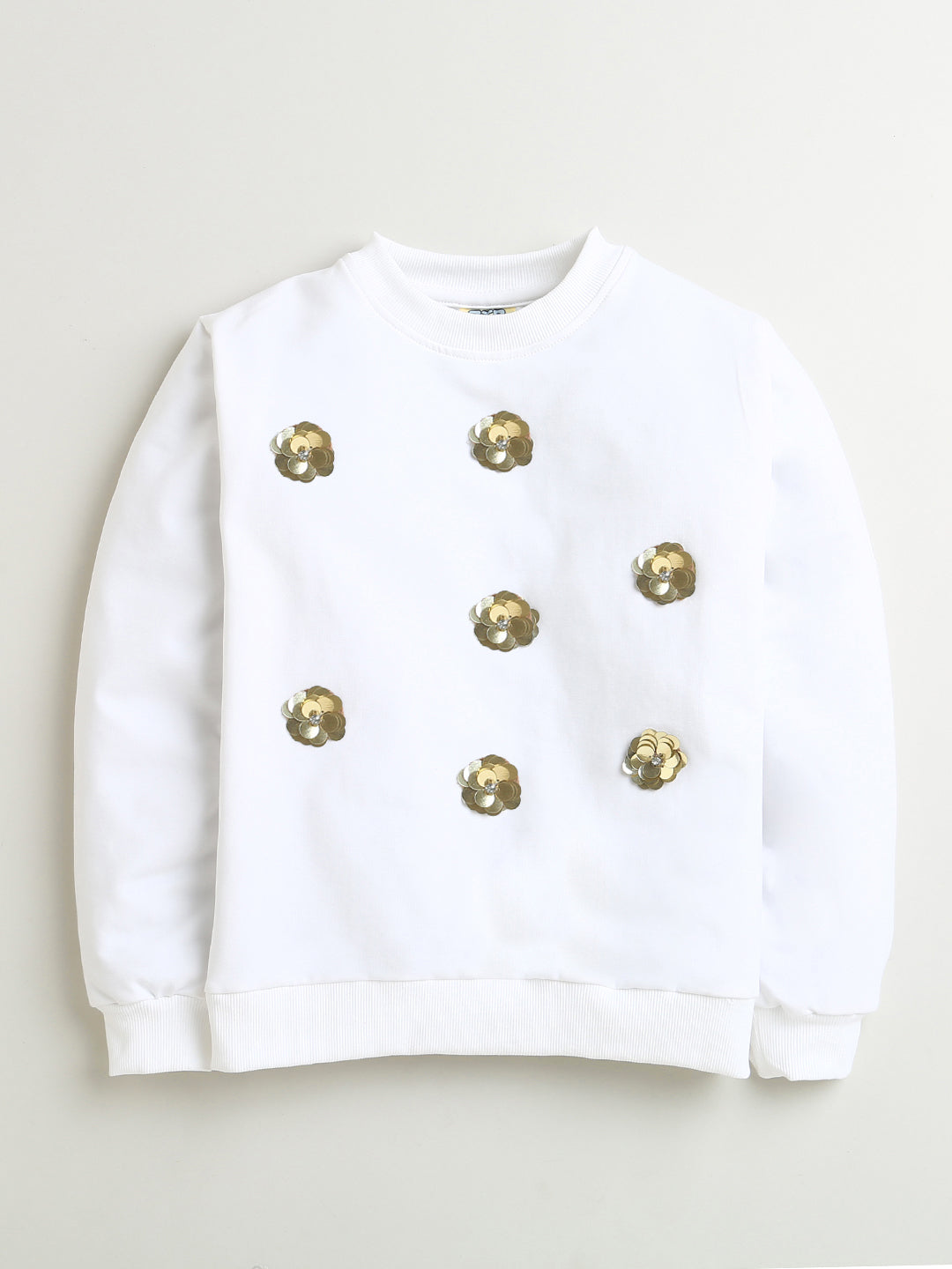 White Sequins Flowers Round Neck Cotton Sweatshirt