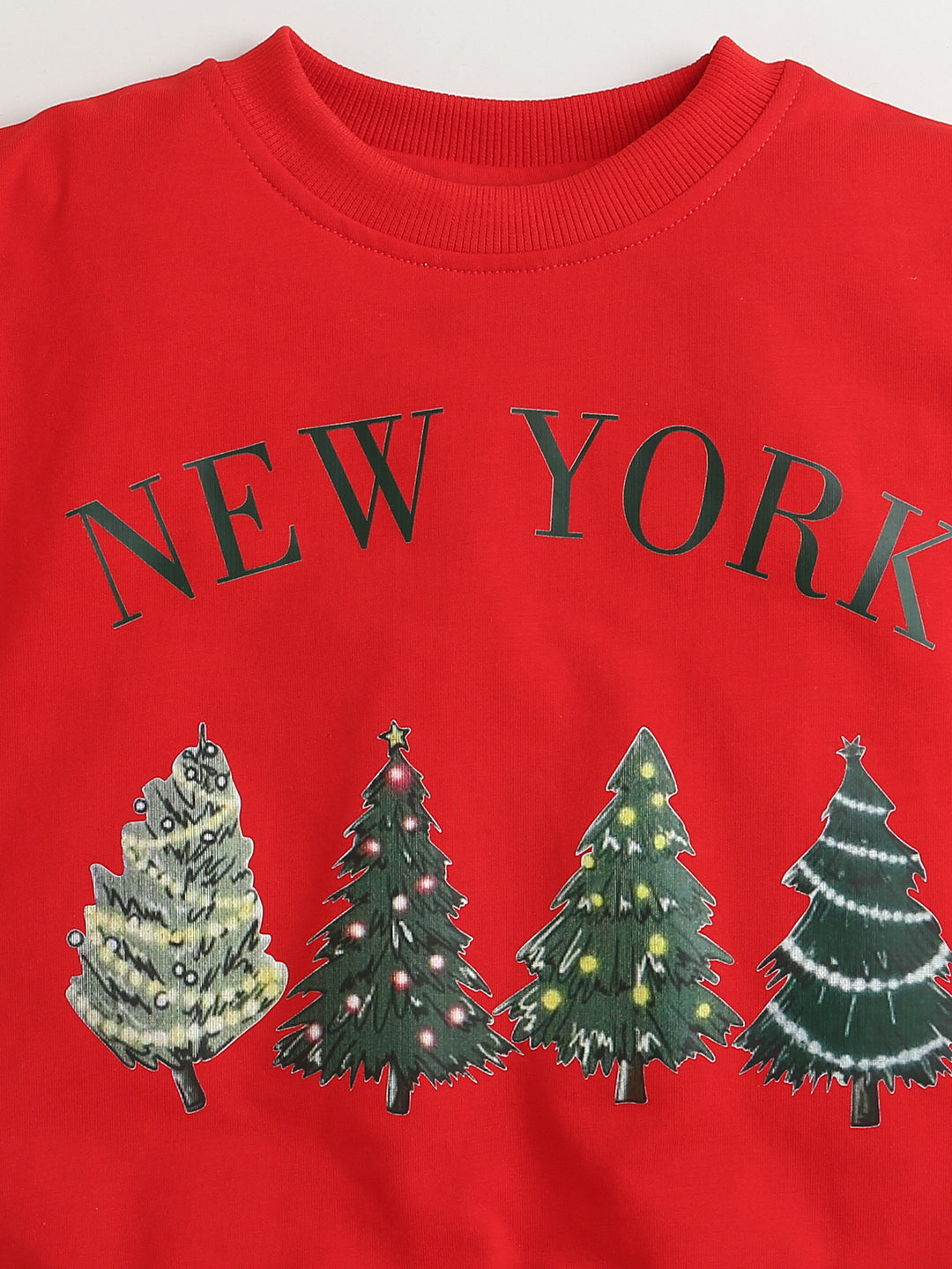 Red New York Print Cotton Sweatshirt with Red-Green Check Cotton Skirt