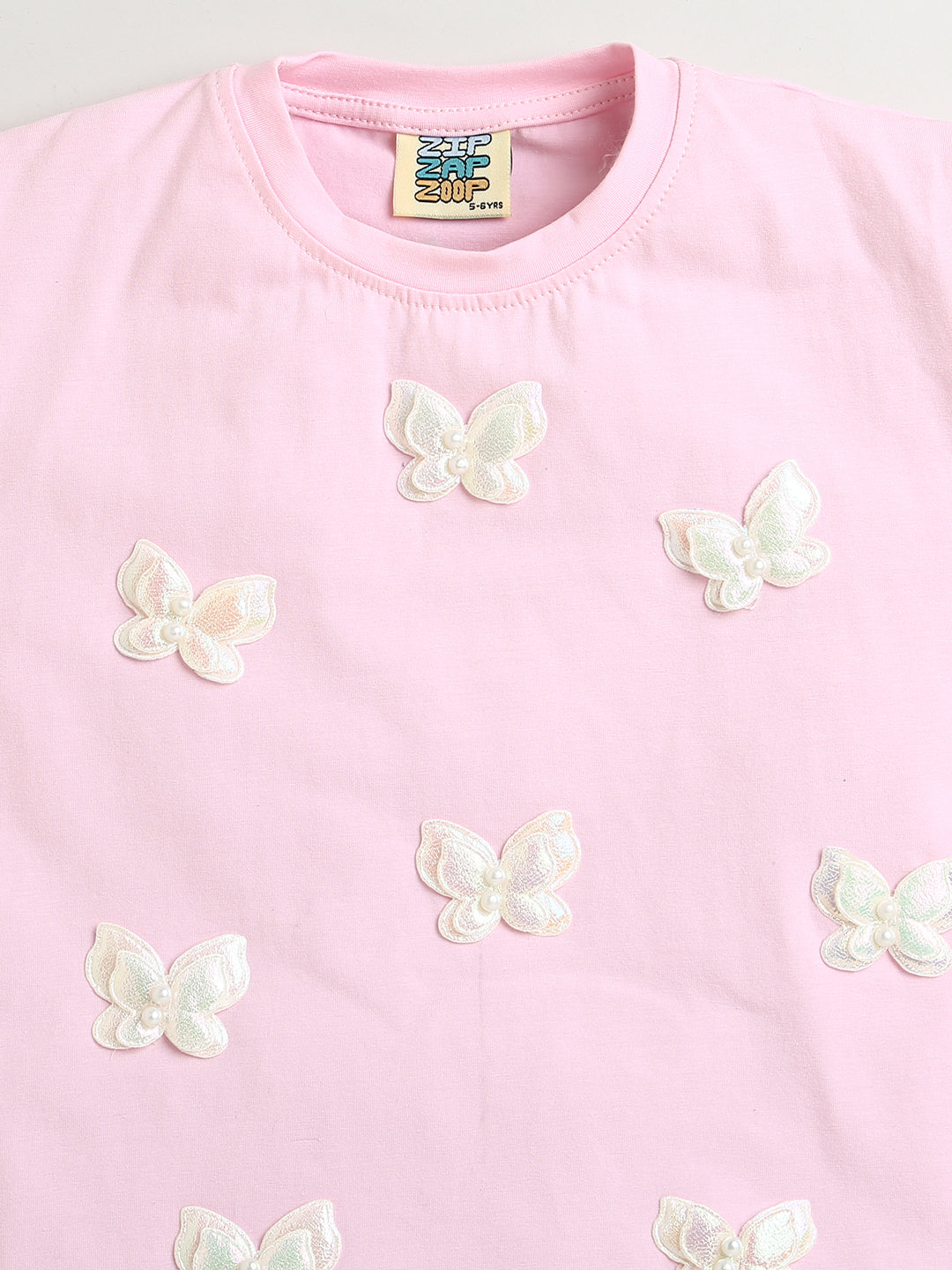 Pink Butterfly Patch Cotton T-shirt with White Flared Cotton Skirt