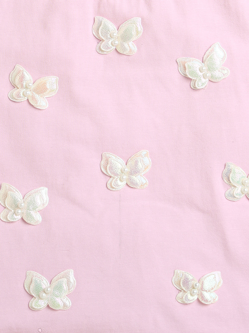 Pink Butterfly Patch Cotton T-shirt with White Flared Cotton Skirt