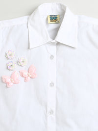 White Cotton Full Sleeve Shirt with Butterfly & Sequined Flower