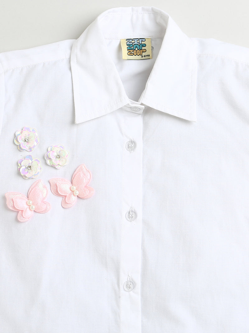 White Cotton Full Sleeve Shirt with Butterfly & Sequined Flower