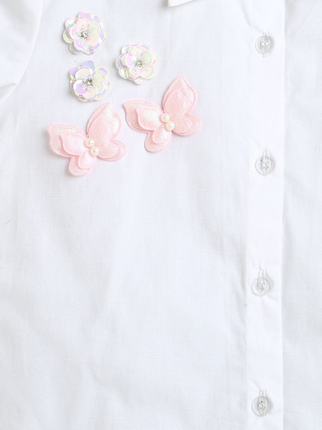 White Cotton Full Sleeve Shirt with Butterfly & Sequined Flower