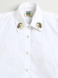 White Sequined Flower Collar Neck Cotton Shirt