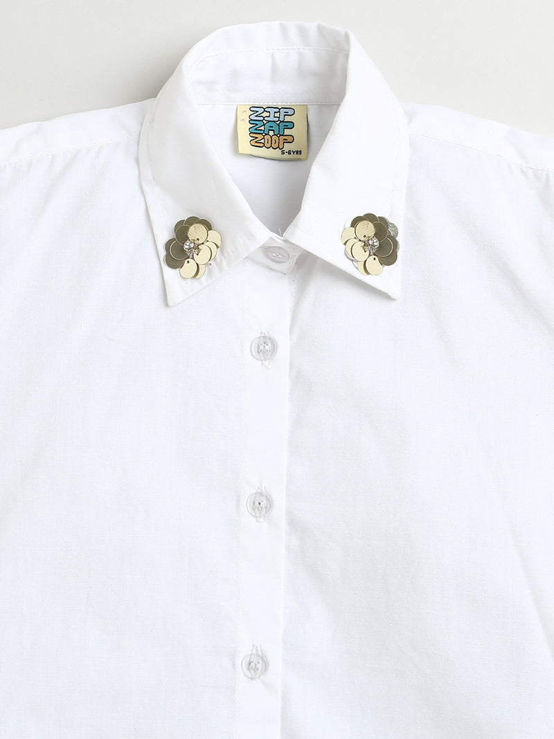 White Sequined Flower Collar Neck Cotton Shirt