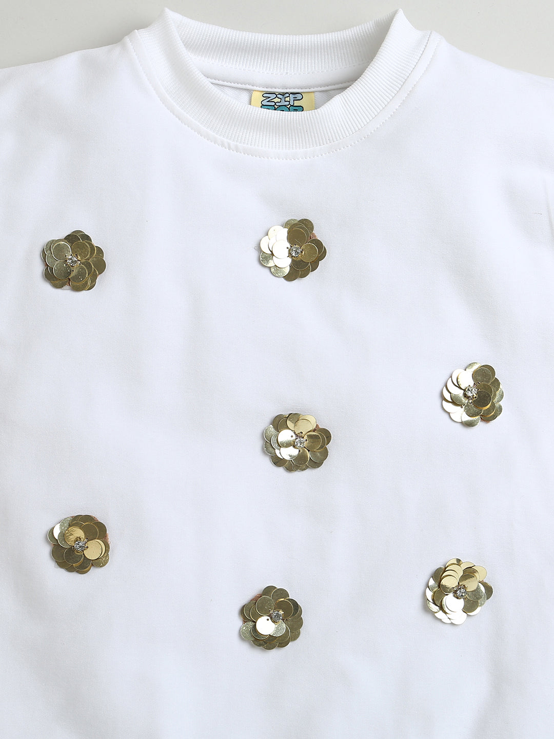 White Sequins Flowers Round Neck Cotton Sweatshirt