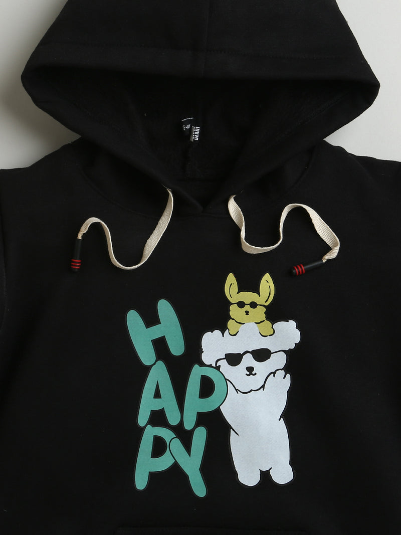 Black Happy Print Full Sleeve Hoodie