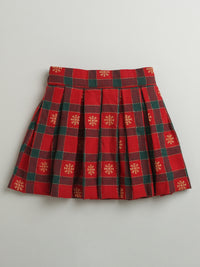 Red New York Print Cotton Sweatshirt with Red-Green Check Cotton Skirt